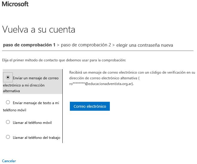 Ilustración 2: Pantalla de elección de medio de comunicación con Microsoft.