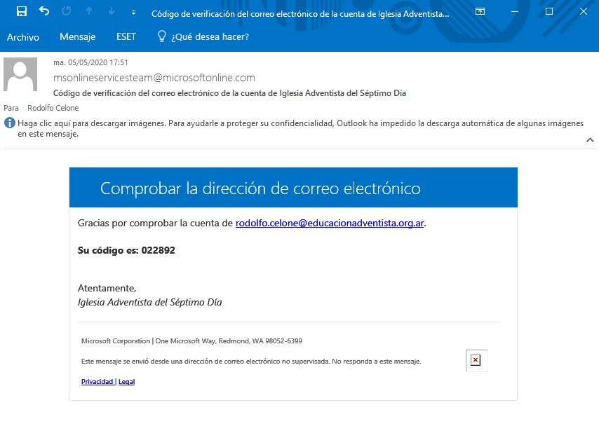 Ilustración 3: Email enviado por Microsoft con código de validación.